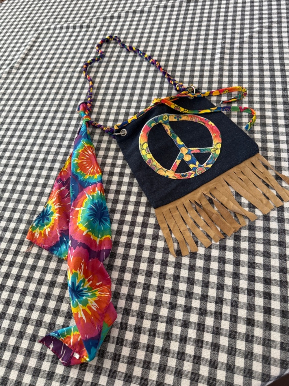 Boho Fringe Crossbody Bag with Tie-Dye Peace Appliqué
